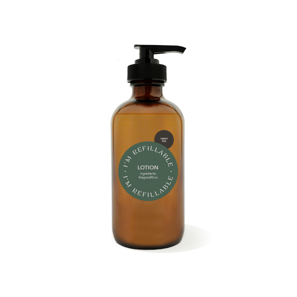 8oz glass amber bottle with a black pump top for zero waste sweet pea lotion refills.
