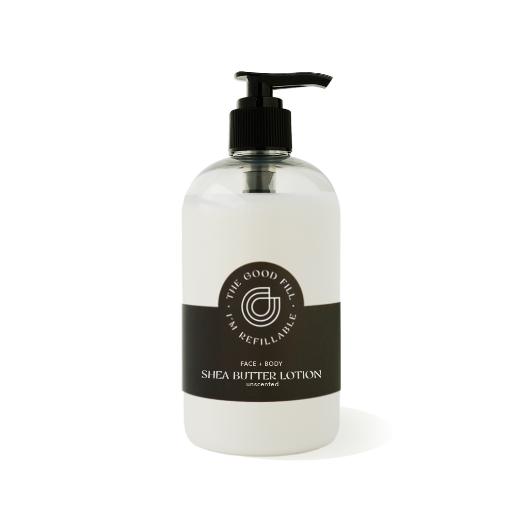 12oz recycled plastic bottle with a black pump top for zero waste face and body lotion refills.
