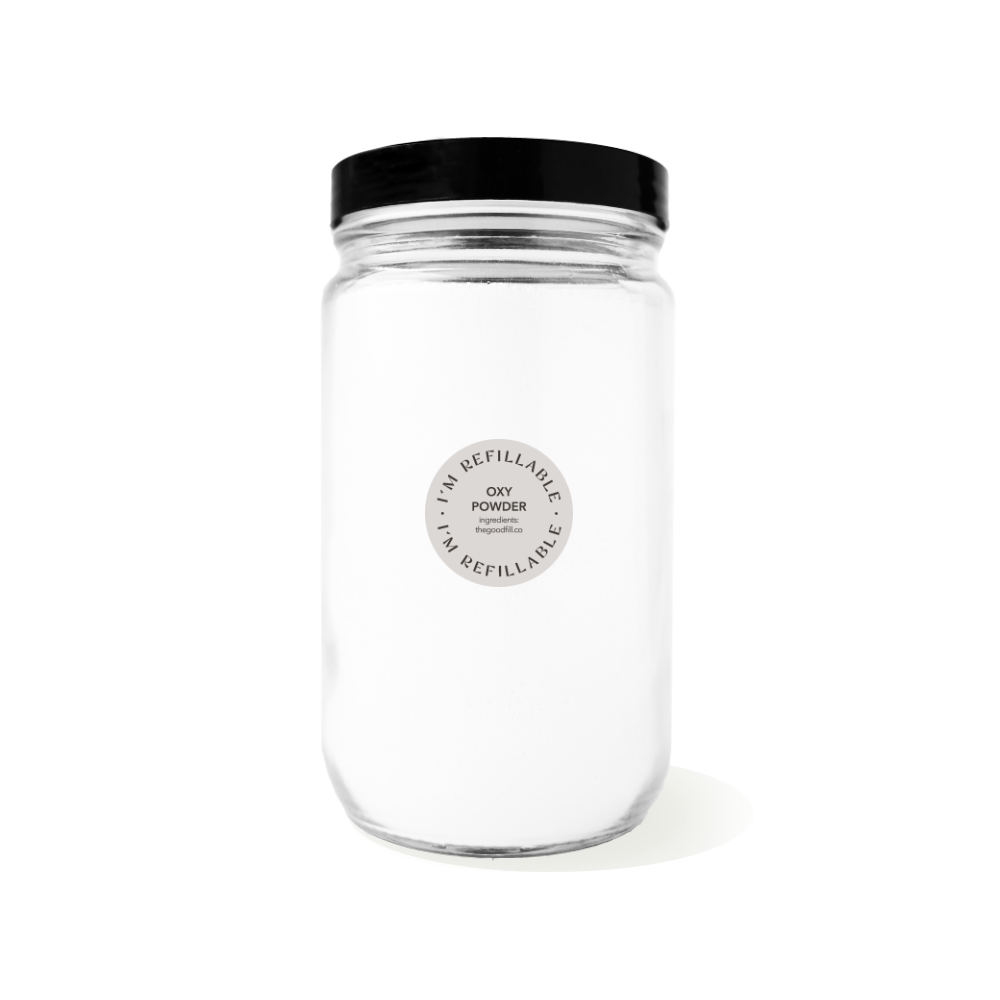 clear glass 32oz refill mason jar that is filled with white oxy powder and has a black recyclable aluminum screw on lid.
