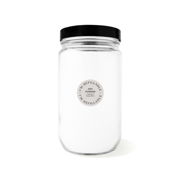 clear glass 32oz refill mason jar that is filled with white oxy powder and has a black recyclable aluminum screw on lid.