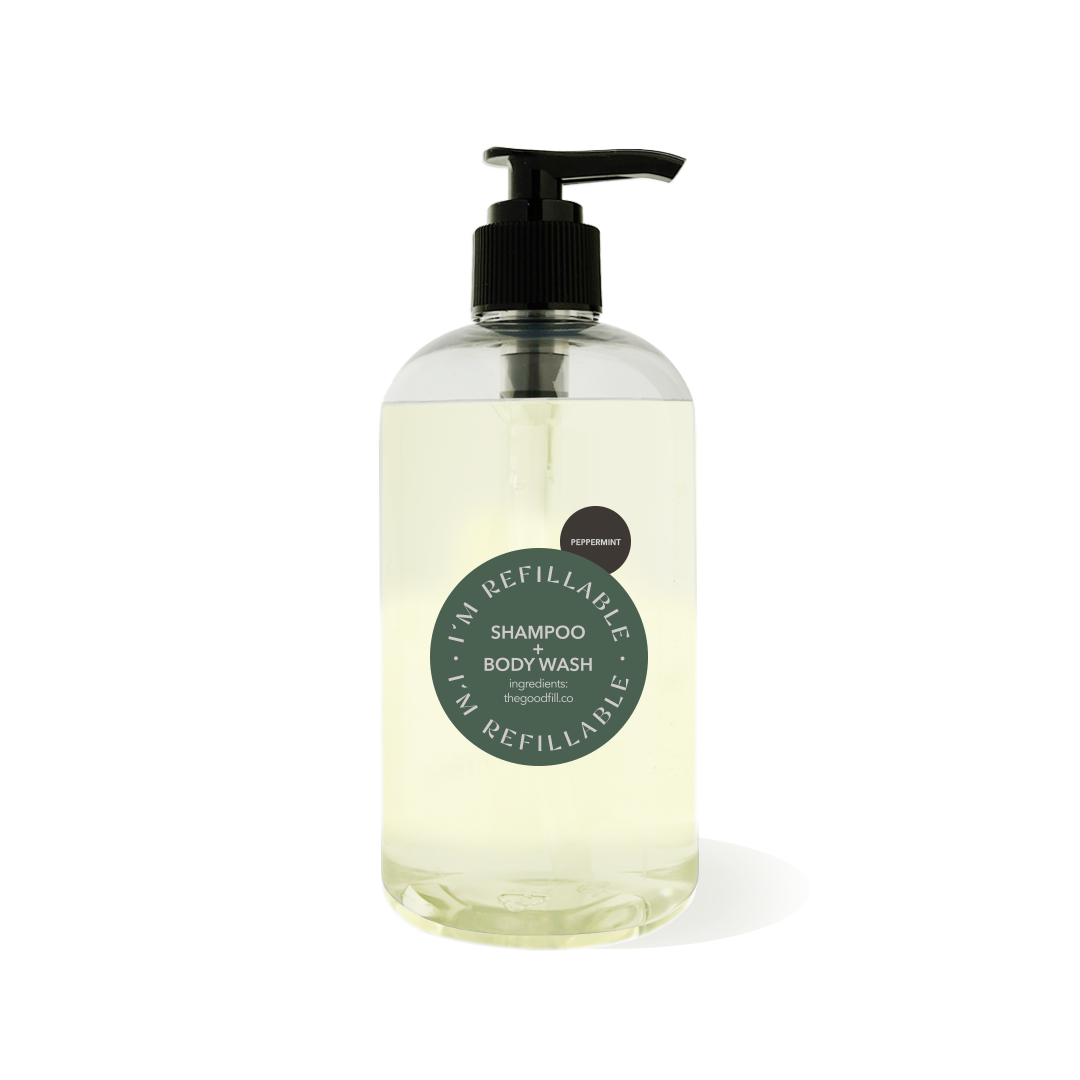 12oz clear recycled plastic bottle with a black pump top for zero waste peppermint shampoo refills.