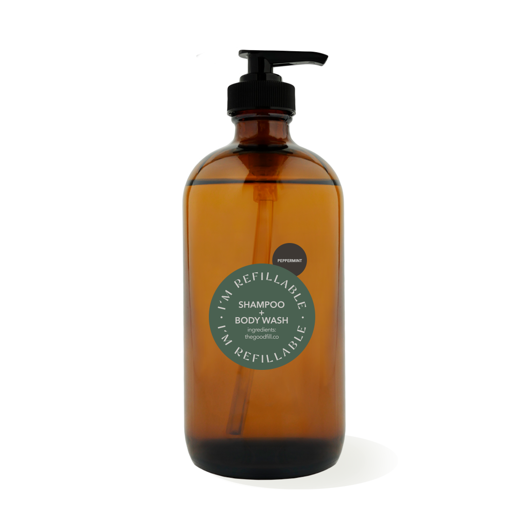 16oz glass amber bottle with a black pump top for zero waste peppermint shampoo refills.
