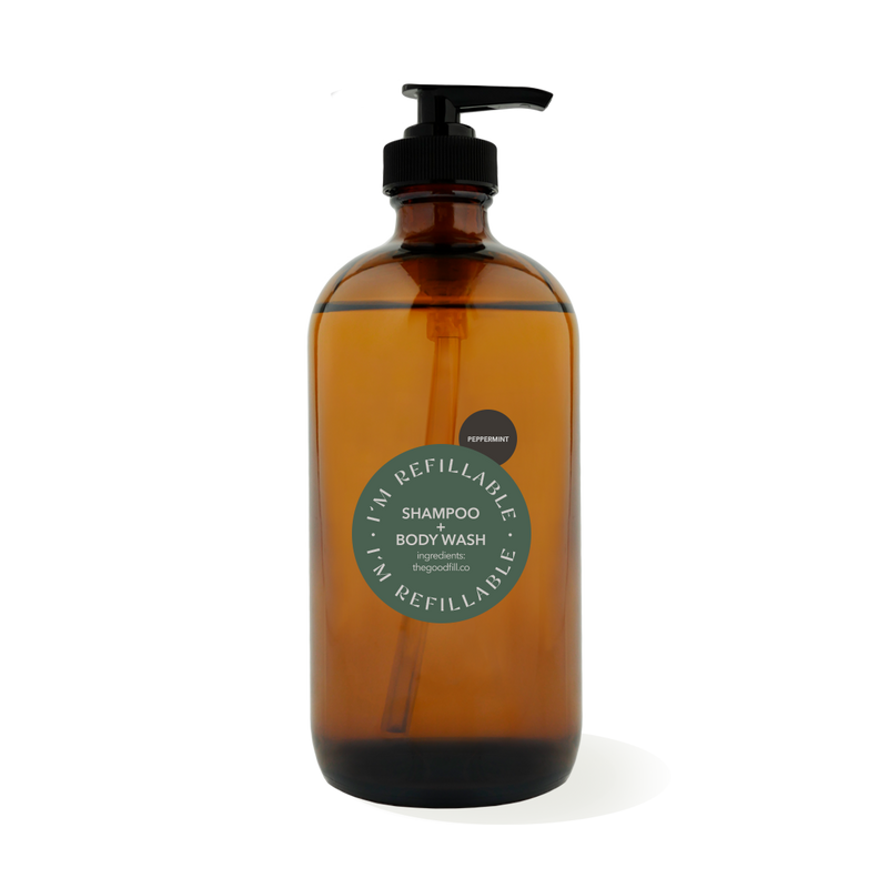 16oz glass amber bottle with a black pump top for zero waste peppermint shampoo refills.