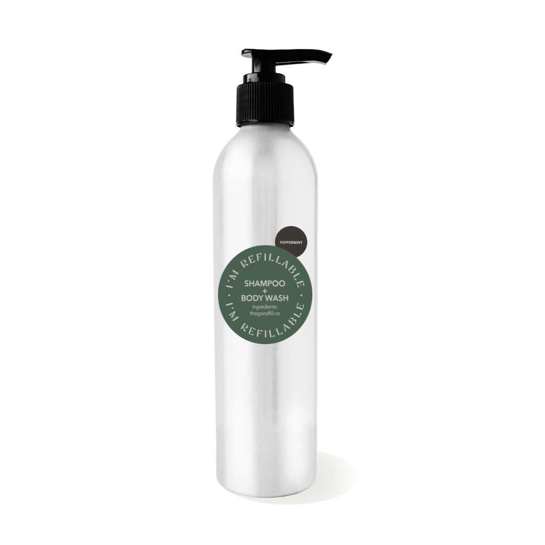 16oz aluminum bottle with a black pump top for zero waste peppermint shampoo refills.