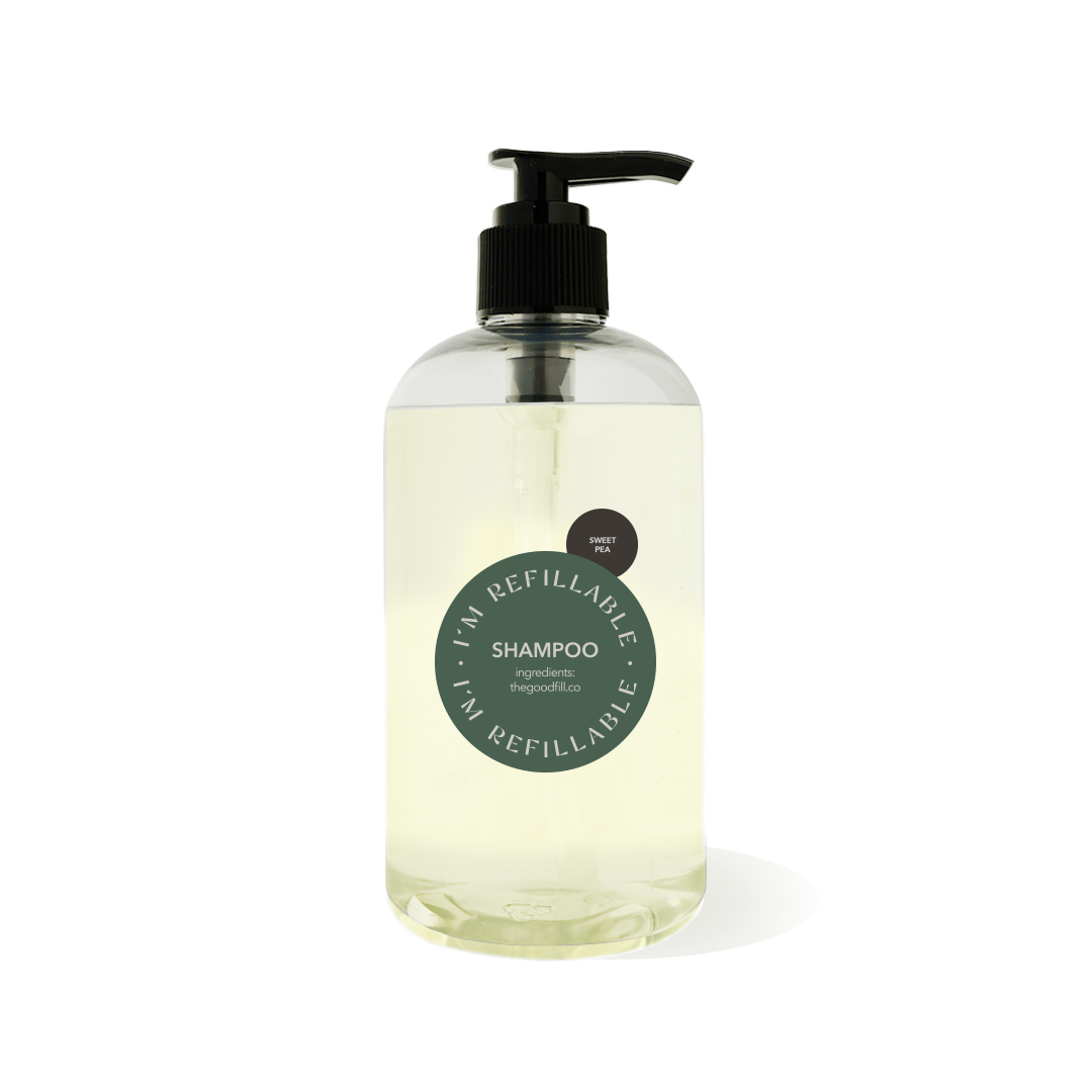 12oz clear recycled plastic bottle with a black pump top for zero waste sweet pea shampoo refills.