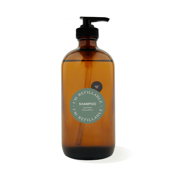 16oz glass amber bottle with a black pump top for zero waste sweet pea shampoo refills.