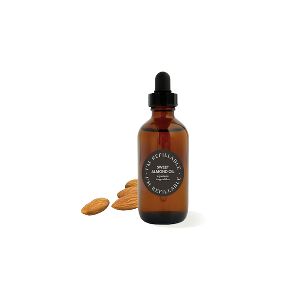refillable sweet almond oil in a refillable 4oz. amber glass bottle - The Good Fill