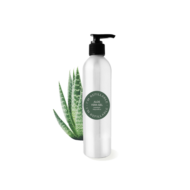 refillable organic aloe vera gel in an aluminum bottle