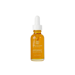 1oz. antioxidant serum in a clear glass bottle with a white dropper top..