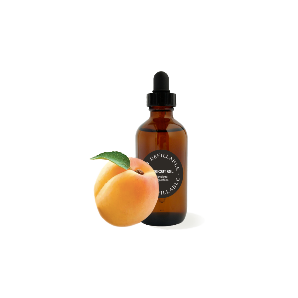 refillable apricot oil in a refillable 4oz amber bottle. The Good Fill