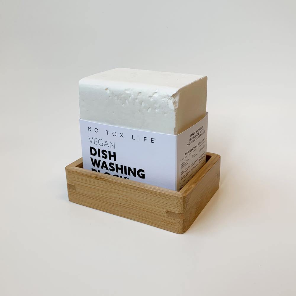 product shot of brown, rectangle bamboo soap dish holding the zero waste XL-Dishwashing block
