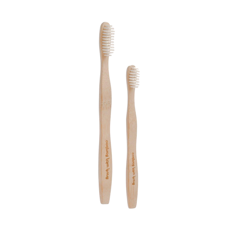 adult size natural bamboo toothbrush and a kid sized natural bamboo toothbrush