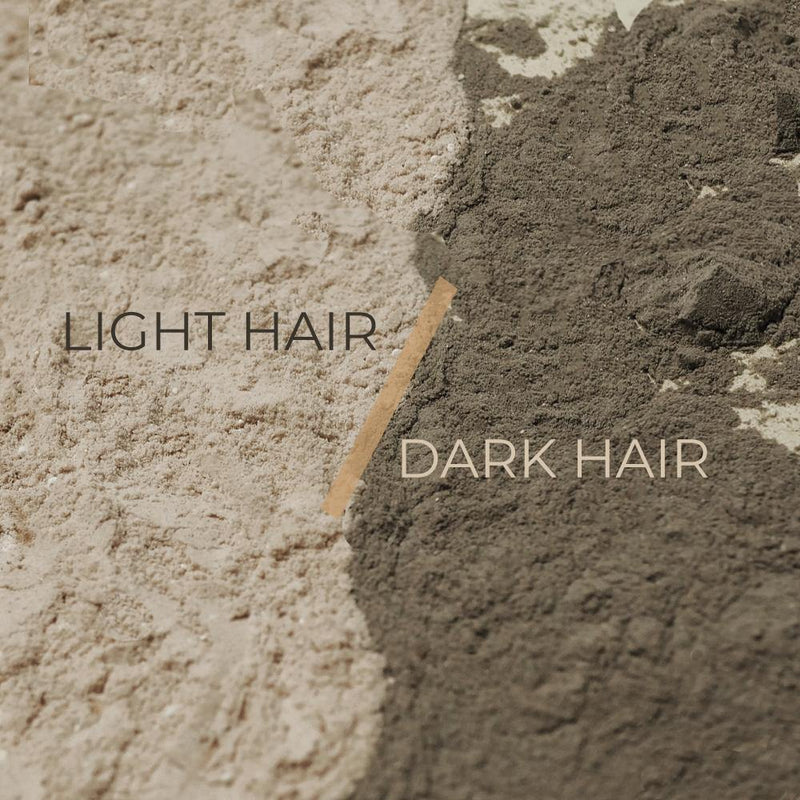 Close up image of the light and dark refillable dry shampoo powders. The dark powder is a charcoal grey and the light powder is a light pink.