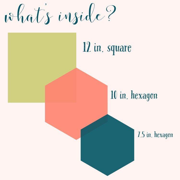 colorful graphic showing the size and shape of the wraps. One 12in. square, one 10in. hexagon, one 7.5in. hexagon