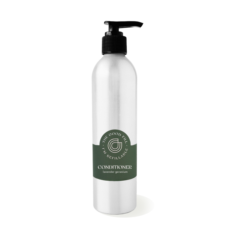 9oz aluminum bottle with a black pump top for zero waste lavender geranium conditioner refills.