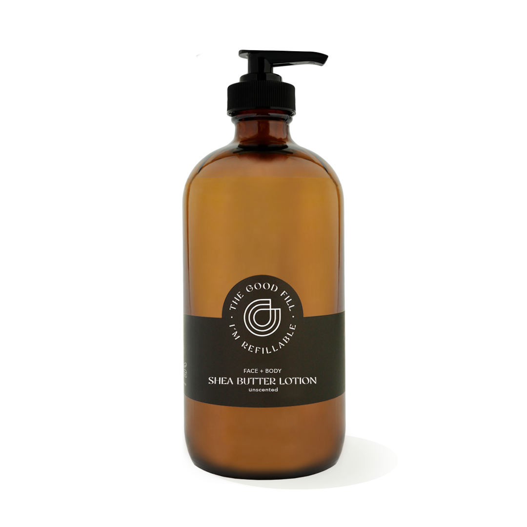 16oz glass amber bottle with a black pump top for zero waste face and body lotion refills.