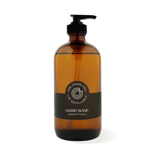 16oz glass amber bottle with a black pump top for zero waste grapefruit lemon hand soap refills.