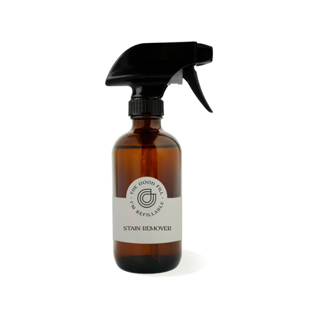 refillable 8oz glass amber bottle of stain remover with a black trigger spray top.