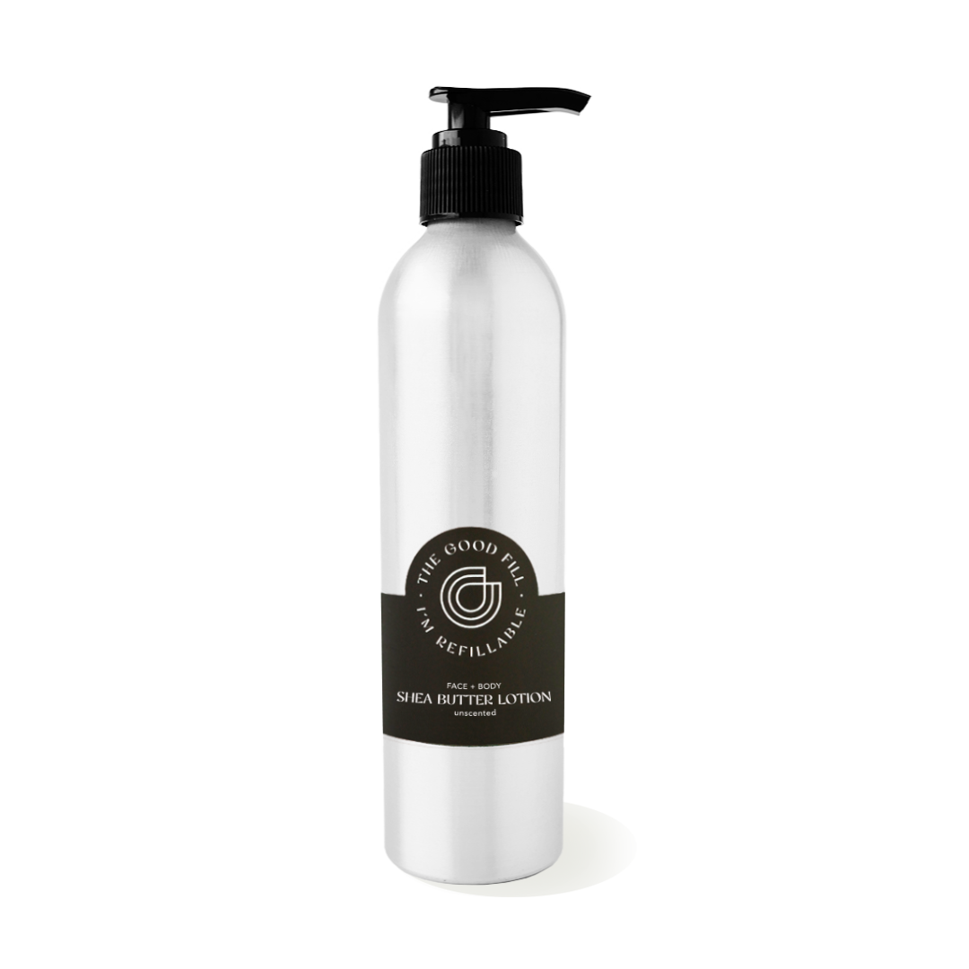 9oz aluminum bottle with a black pump top for zero waste face and body lotion refills.