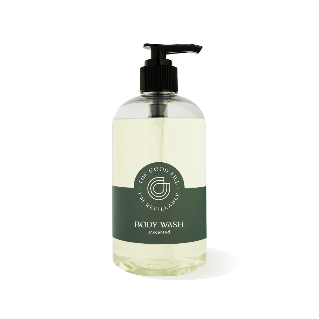 12oz recycled bottle with a black pump top for zero waste unscented body wash refills.