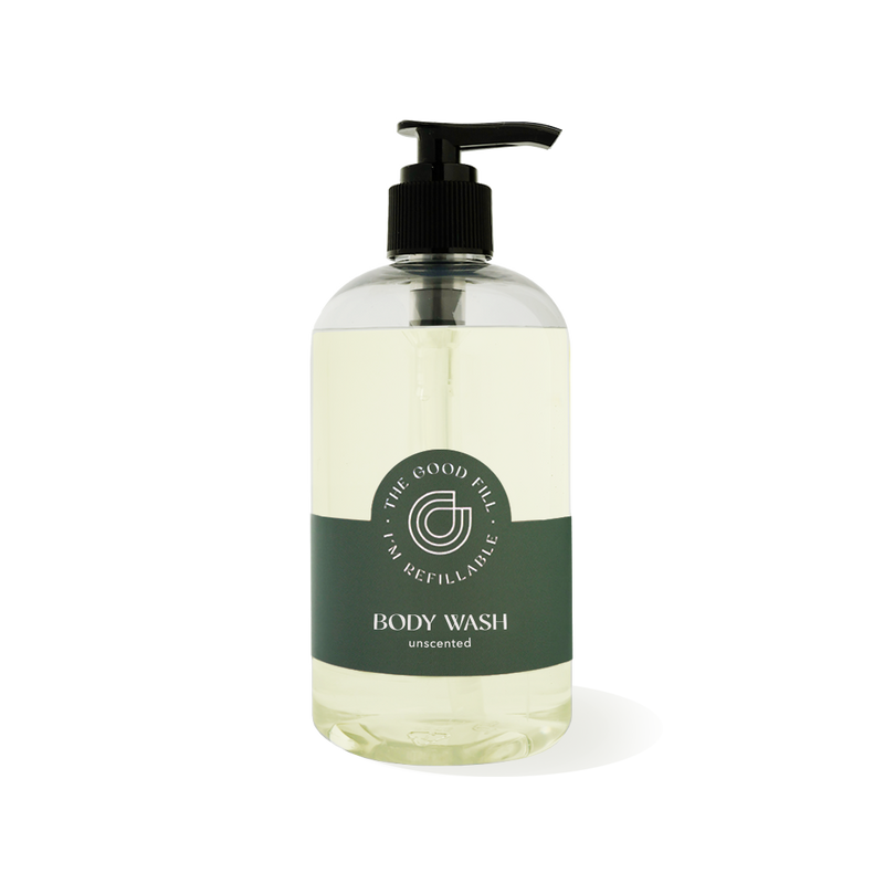 12oz recycled bottle with a black pump top for zero waste unscented body wash refills.