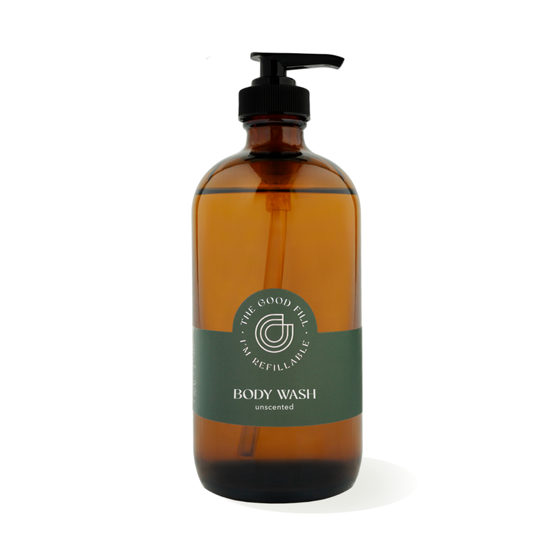 16oz glass amber bottle with a black pump top for zero waste unscented body wash refills.