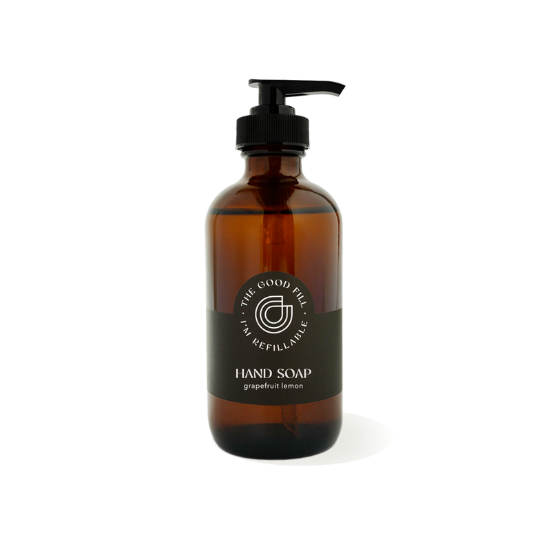 8oz glass amber bottle with a black pump top for zero waste grapefruit lemon hand soap refills.