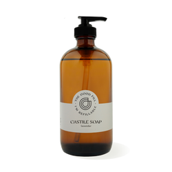 16oz glass amber bottle with a black pump top for zero waste lavender castile soap refills.