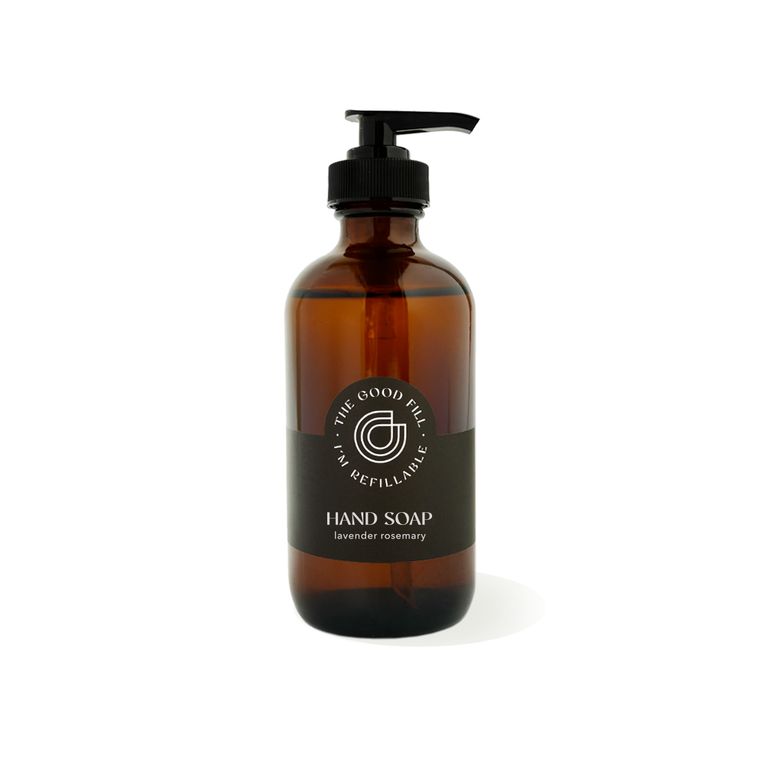 8oz glass amber bottle with a black pump top for zero waste lavender rosemary hand soap refills.