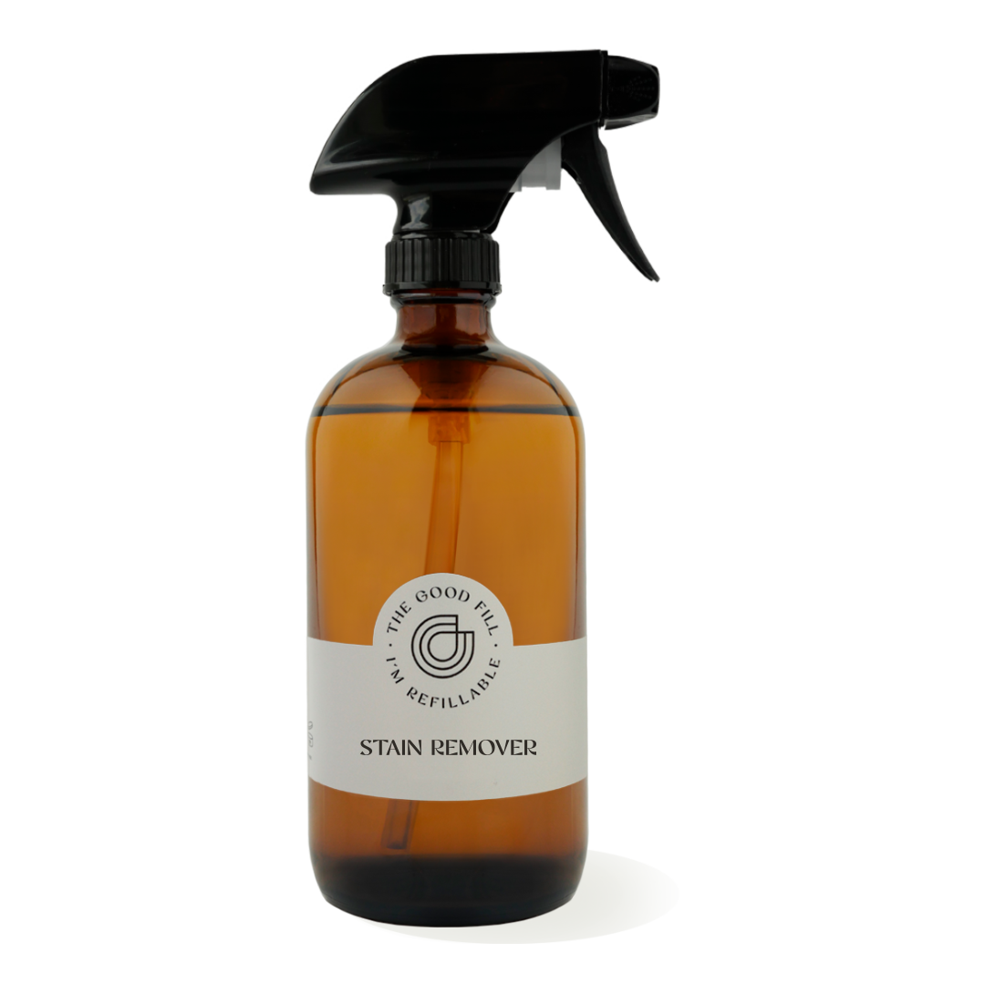 refillable 16oz glass amber bottle of stain remover with a black trigger spray top.