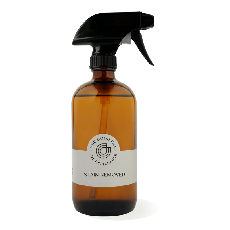 refillable 16oz glass amber bottle of stain remover with a black trigger spray top.