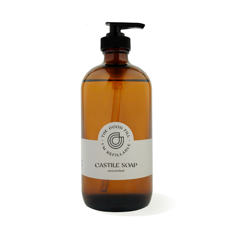 16oz glass amber bottle with a black pump top for zero waste unscented castile soap refills.