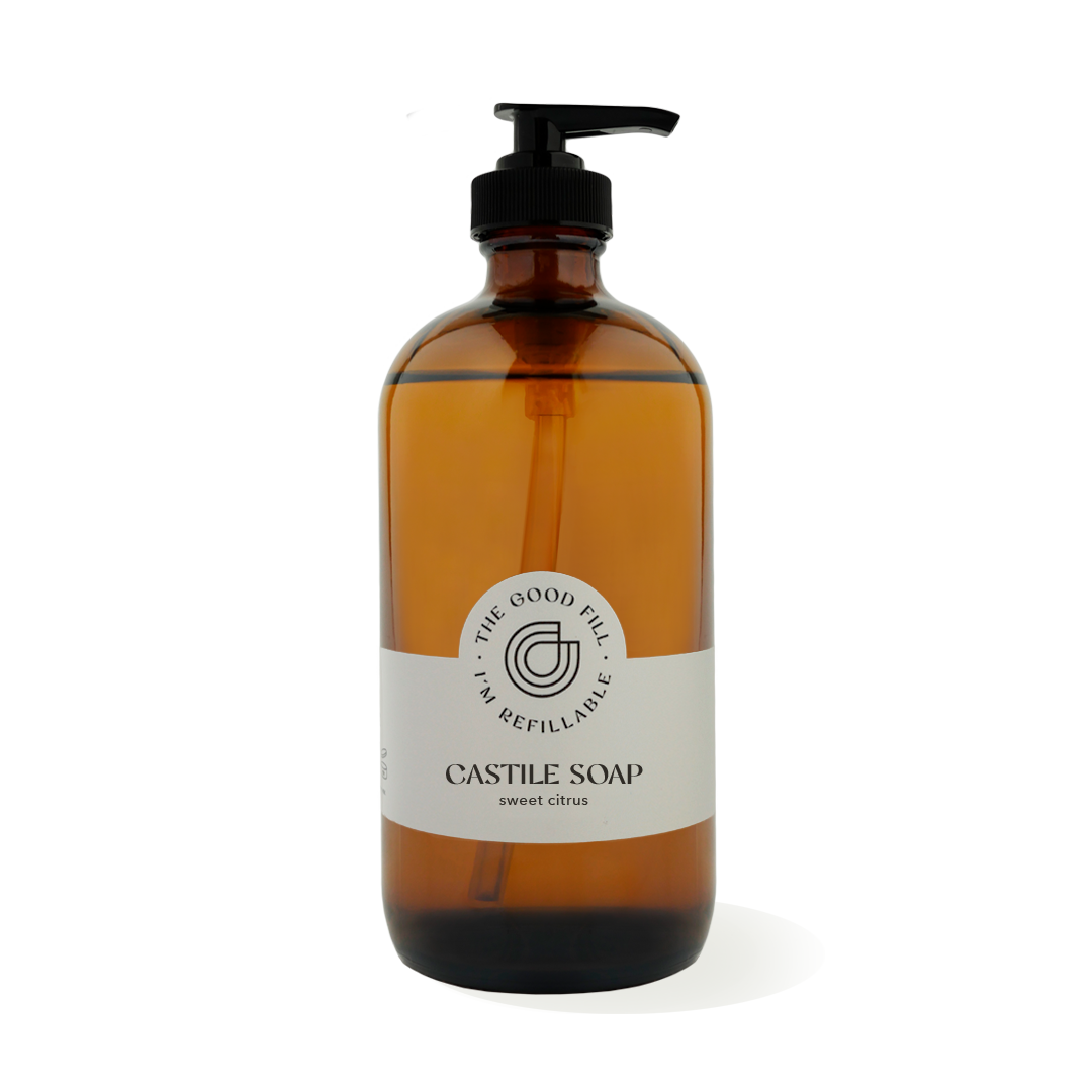 16oz glass amber bottle with a black pump top for zero waste sweet citrus castile soap refills.