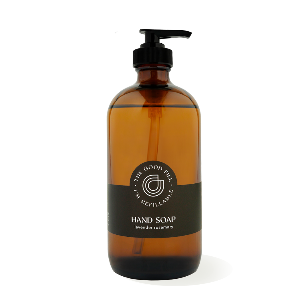 16oz glass amber bottle with a black pump top for zero waste lavender rosemary hand soap refills.