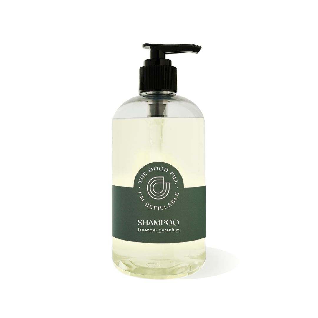 12oz recycled bottle with a black pump top for zero waste lavender geranium shampoo refills.