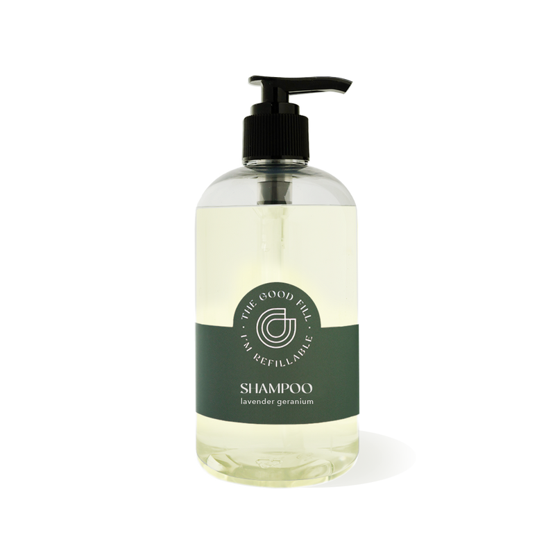 12oz recycled bottle with a black pump top for zero waste lavender geranium shampoo refills.