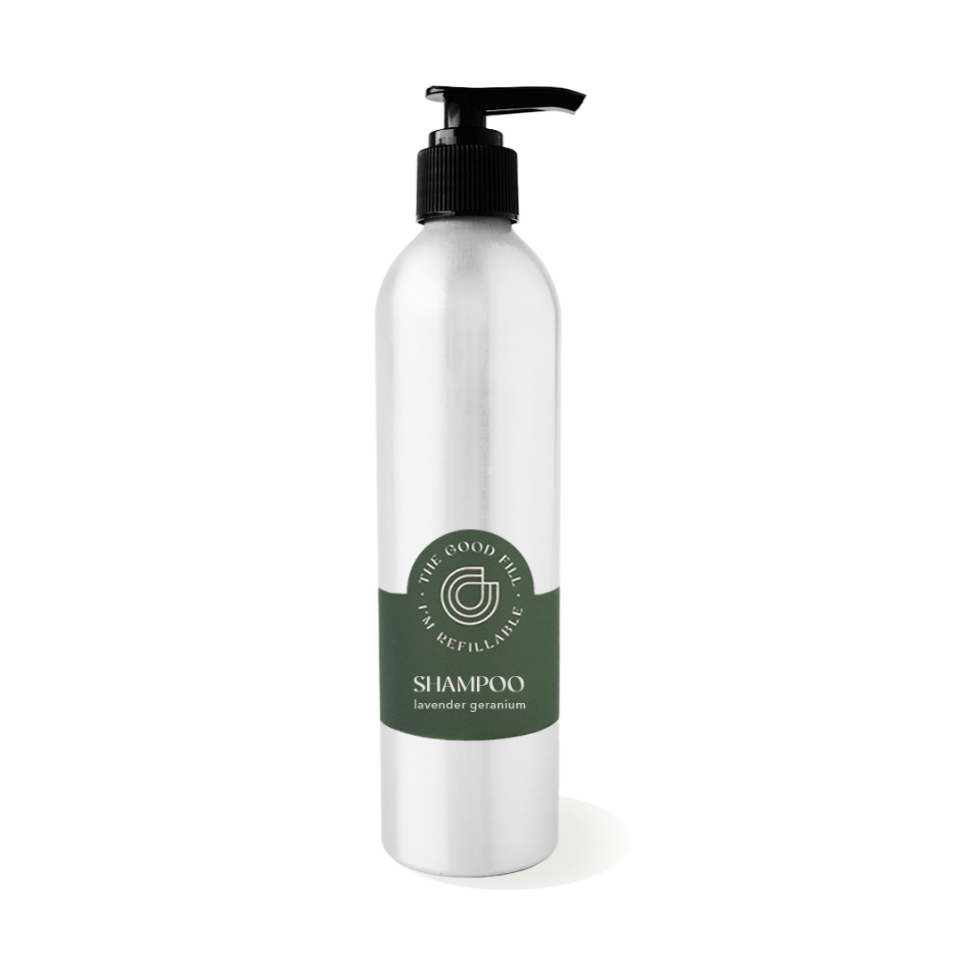 9oz aluminum bottle with a black pump top for zero waste lavender geranium shampoo refills.