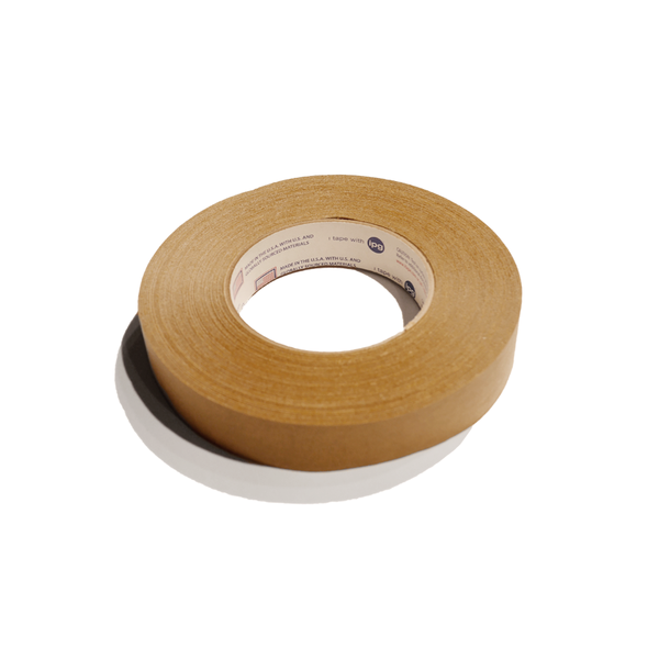 Product image of recyclable brown kraft paper roll of tape on a white background.