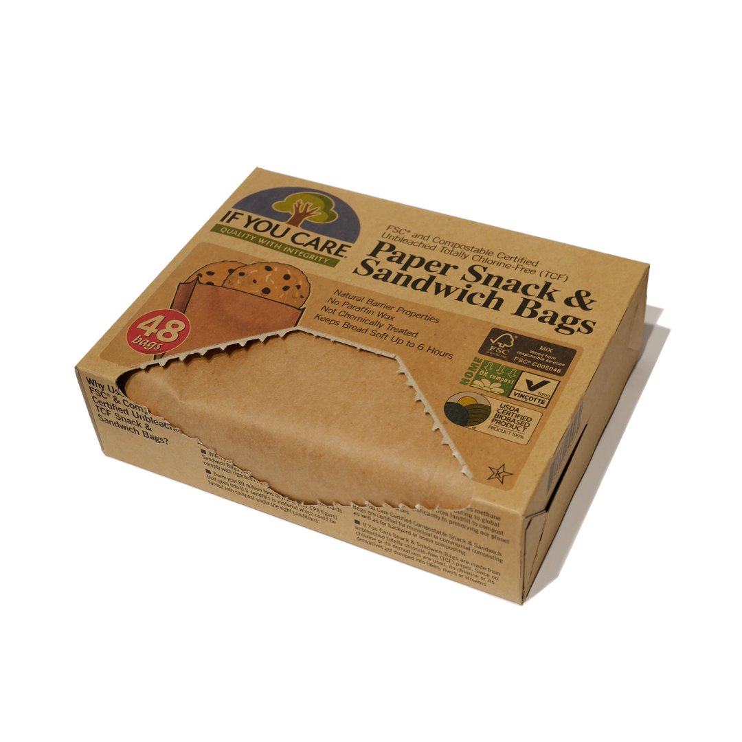 Box of 48 compostable brown paper snack sandwich bags. The box has a perforated slot for pulling out a single bag.