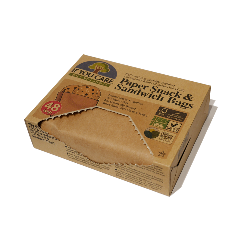 Box of 48 compostable brown paper snack sandwich bags. The box has a perforated slot for pulling out a single bag.