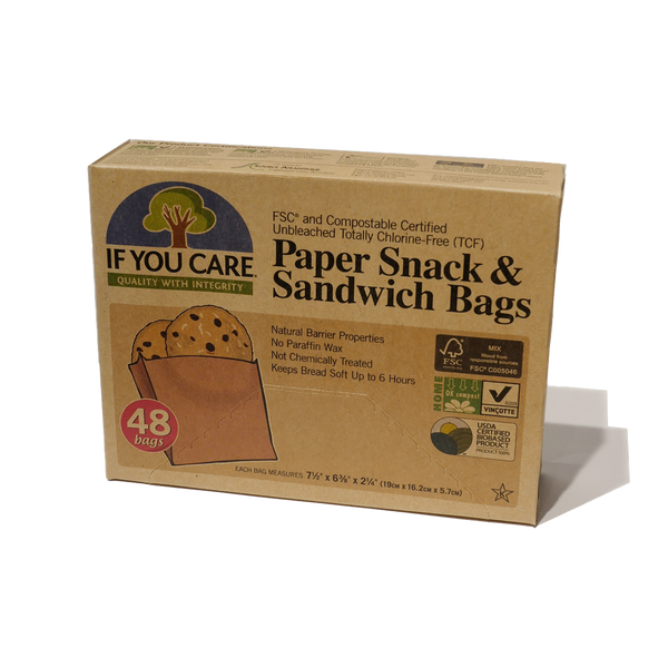 Box of compostable brown paper snack bags. 48 bags per box.