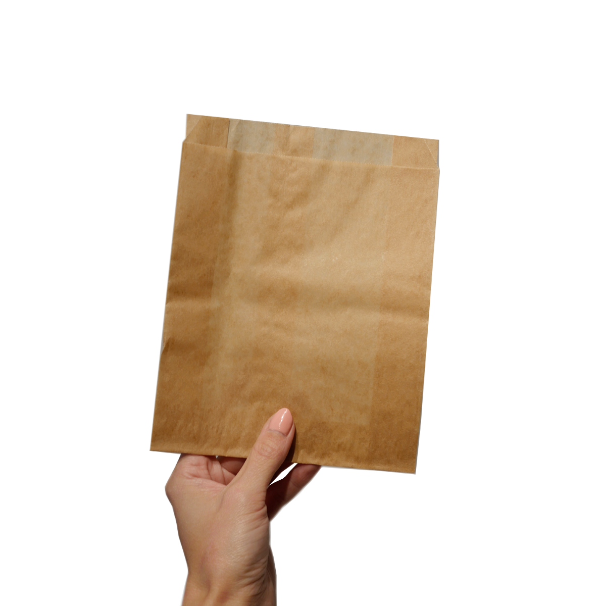 hand holding one compostable brown paper snack sandwich bag.