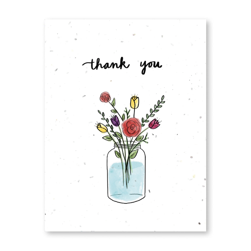 Product image of a white card that says "Thank You" and has an illustration of a jar of flowers