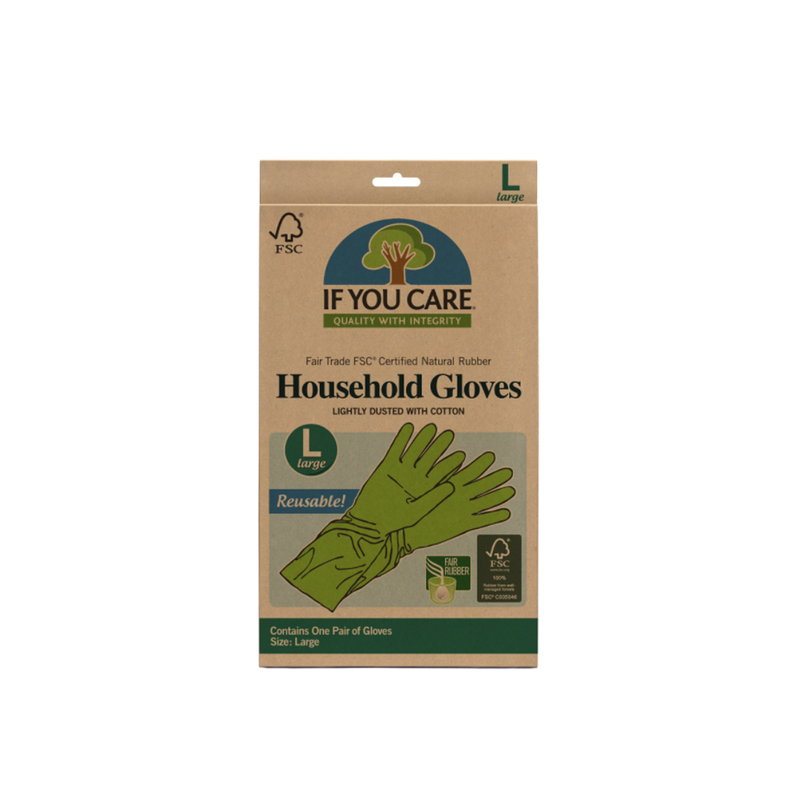 Box of large certified natural rubber gloves. The gloves are green.