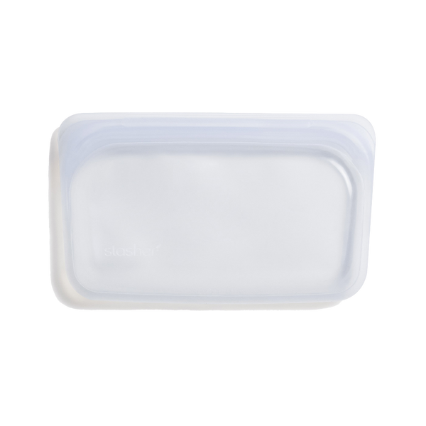 an empty zero waste, reusable clear snack sized stasher bag 