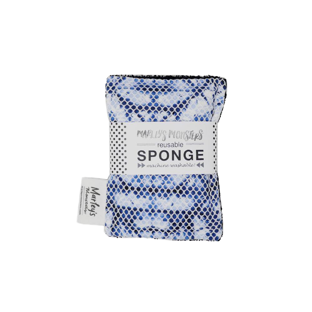 blue and white reusable sponge with a recyclable craft paper sleeve.