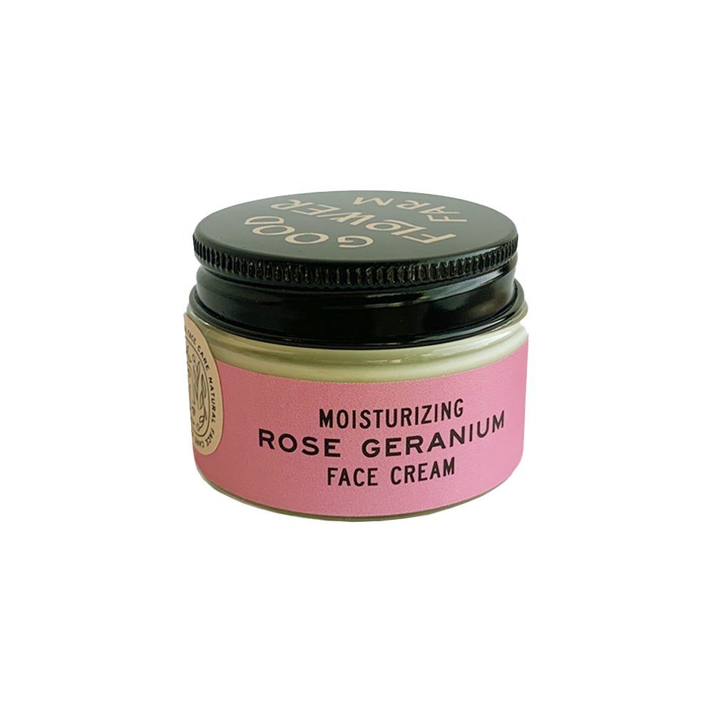 All natural Rose Geranium Face Cream in a 0.5oz glass jar.