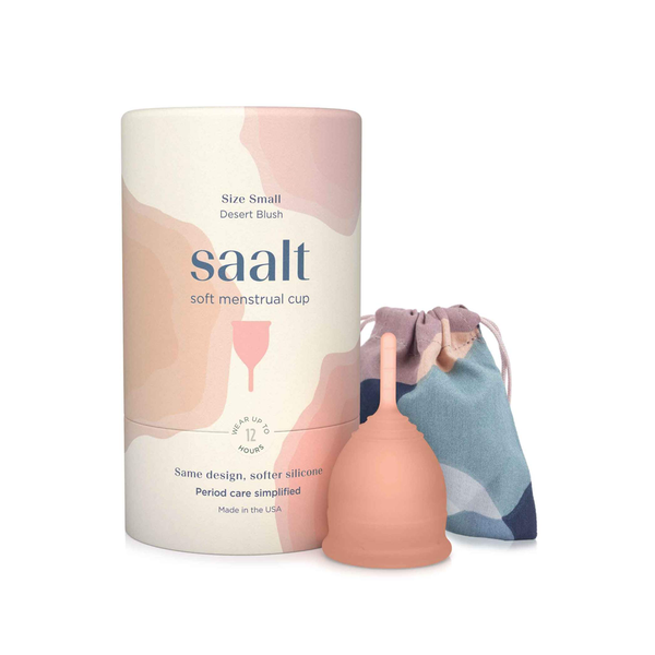 soft silicone menstrual cup with a fabric travel pouch.