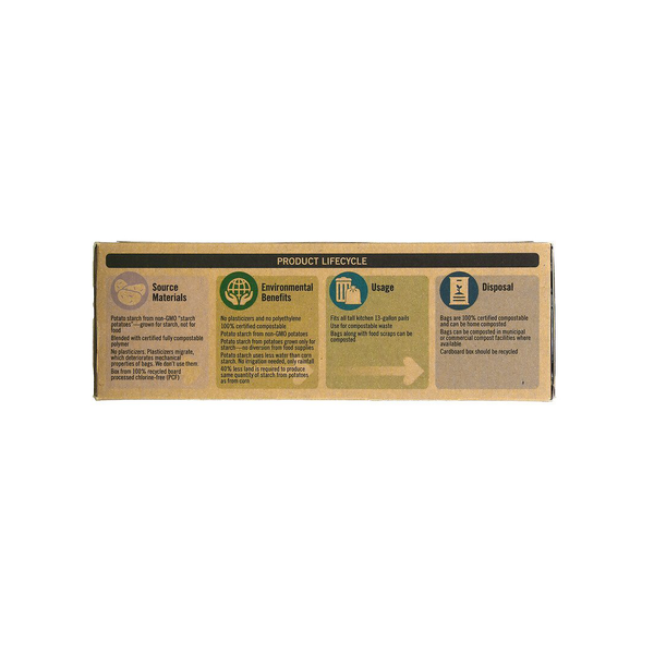 A 100% recycled kraft paper box of compostable 13gallon tall kitchen bags